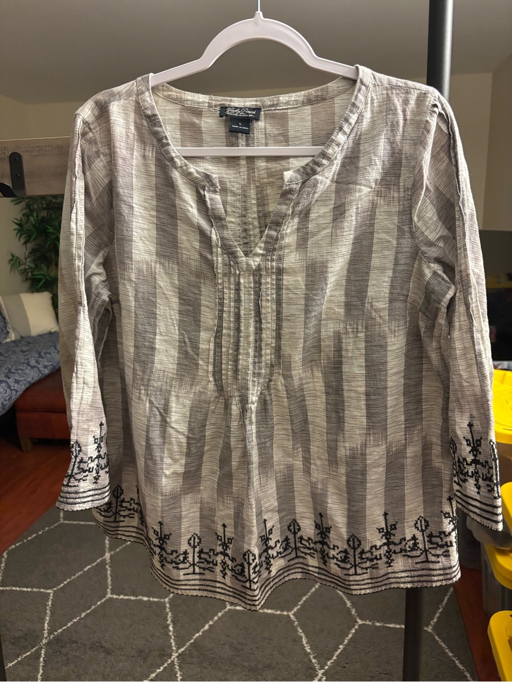 Lucky Brand Cream and Gray Striped Embroidered Top